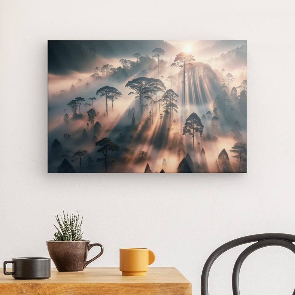 Mystical forest fog - canvas picture of nature